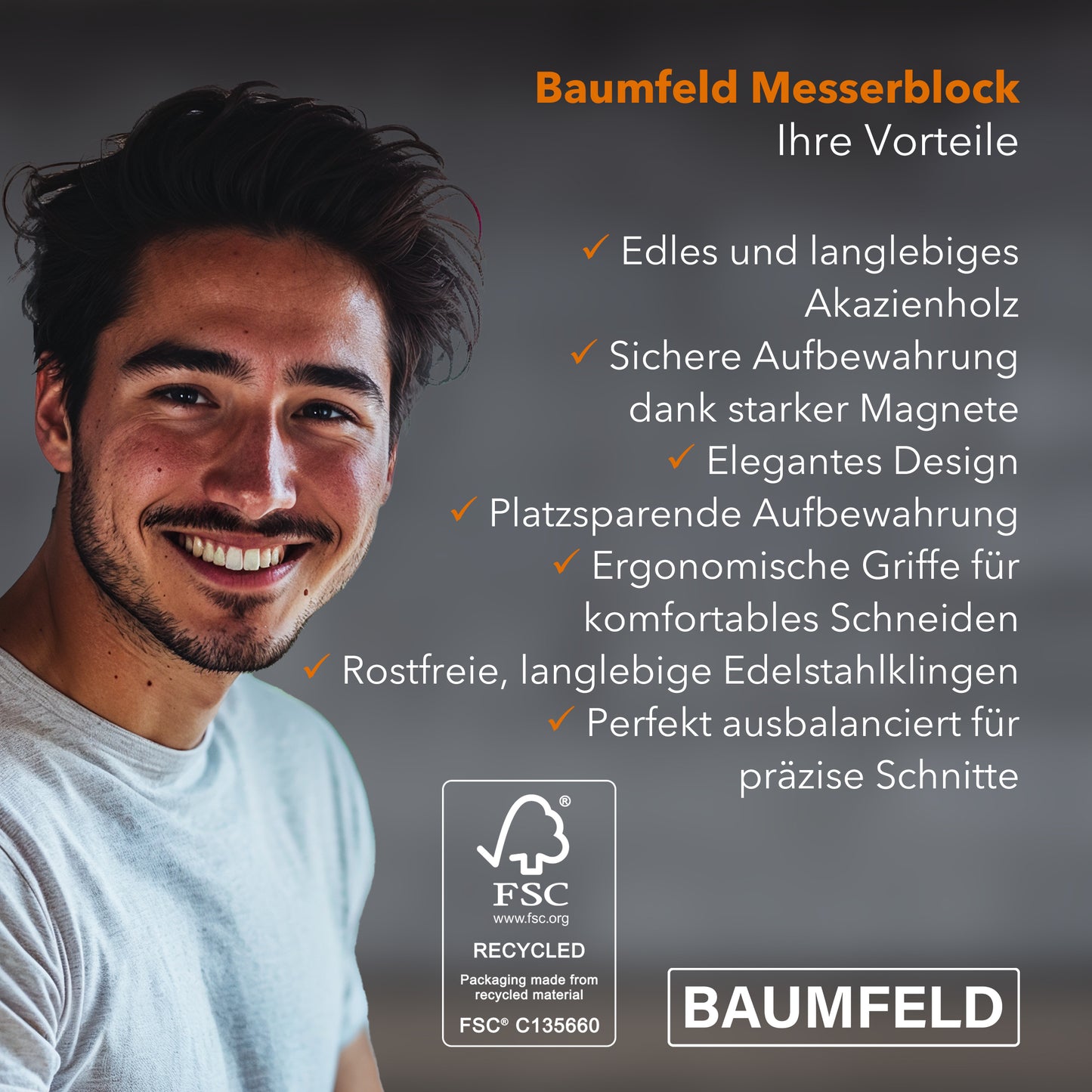 Messerblock 6-teilig silber, Akazienholz, magnetisch