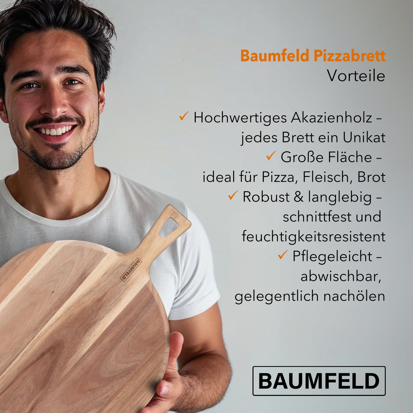 Baumfeld Pizzabrett rund aus Akazienholz – Stil und Funktionalität für deine Küche