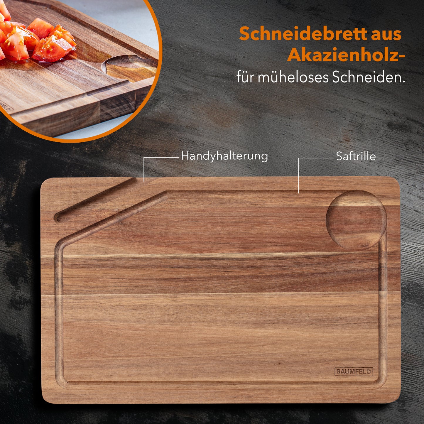 Baumfeld Premium Schneidebrett aus Akazienholz – Robust, beidseitig nutzbar, mit Saftrille