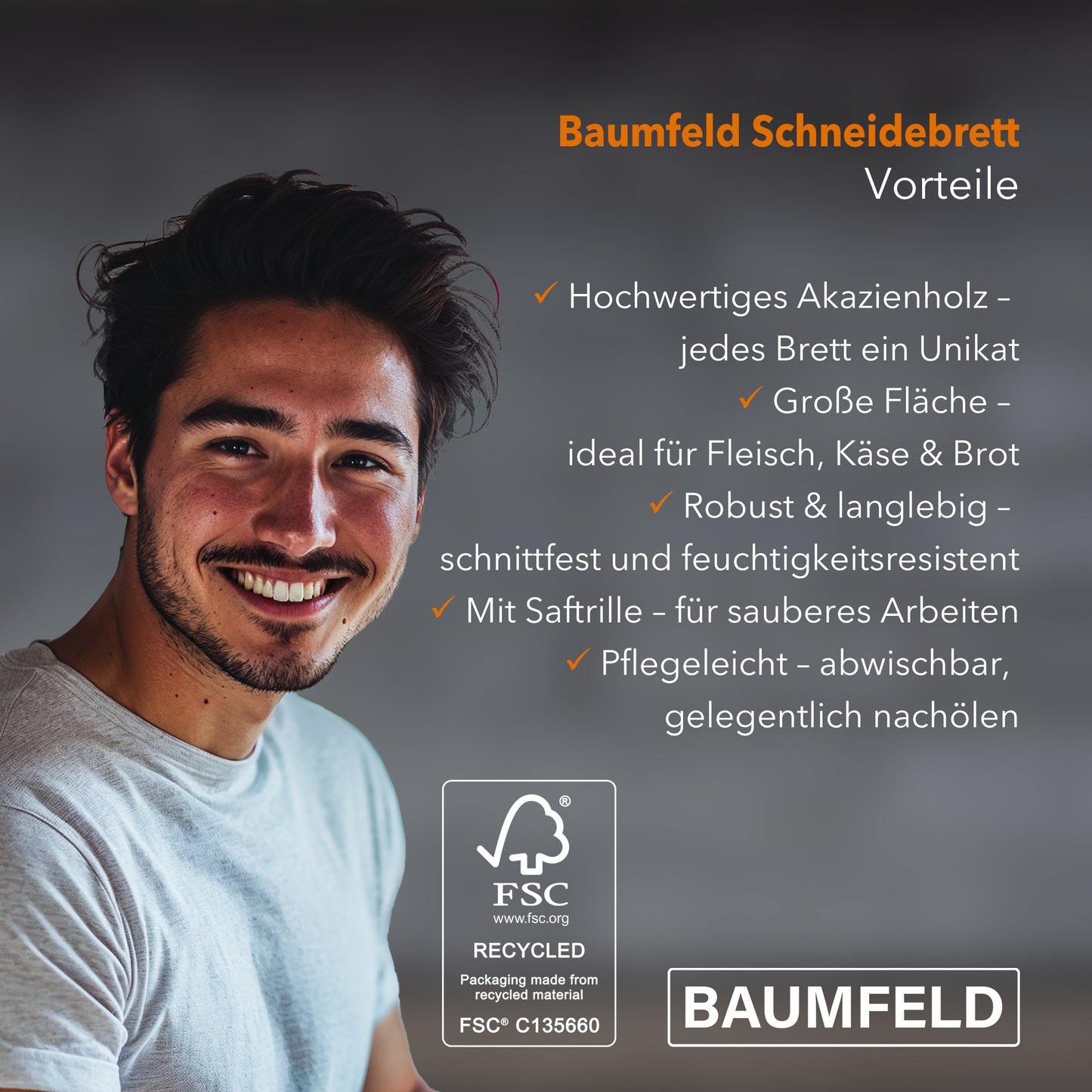 Baumfeld Premium Schneidebrett aus Akazienholz – Robust, beidseitig nutzbar, mit Saftrille