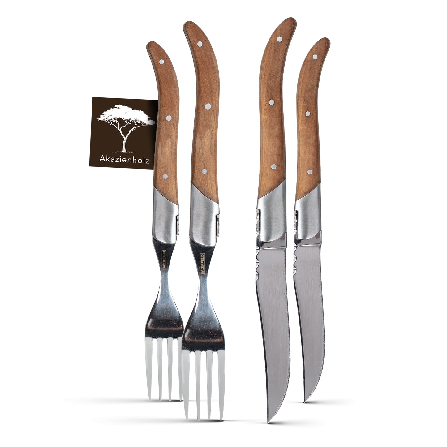 Baumfeld Steak- und Pizzamesserfür 2 Personen – 4-teilig, Laguiole-Stil, Edelstahl & Akazienholz