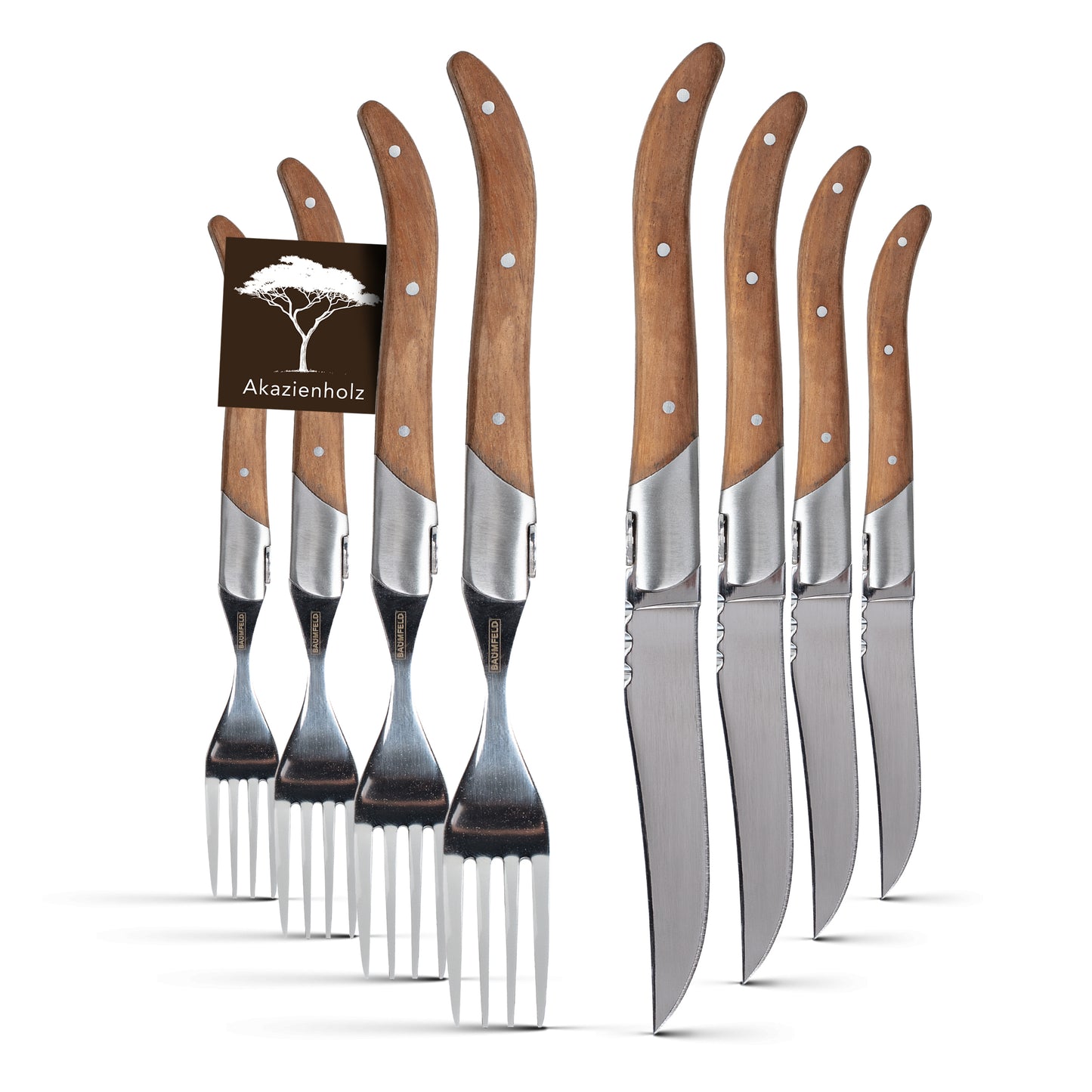 Baumfeld Steak- und Pizzamesser für 4 Personen – 8-teilig, Laguiole-Stil, Edelstahl & Akazienholz