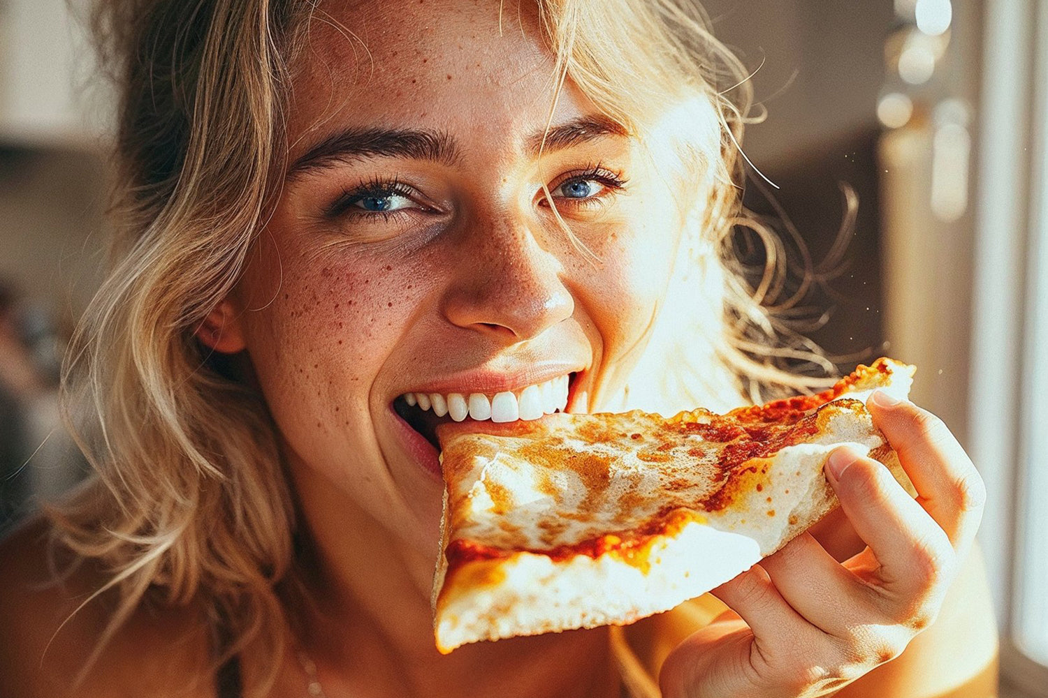 Lächelnde Frau beißt in eine Pizza