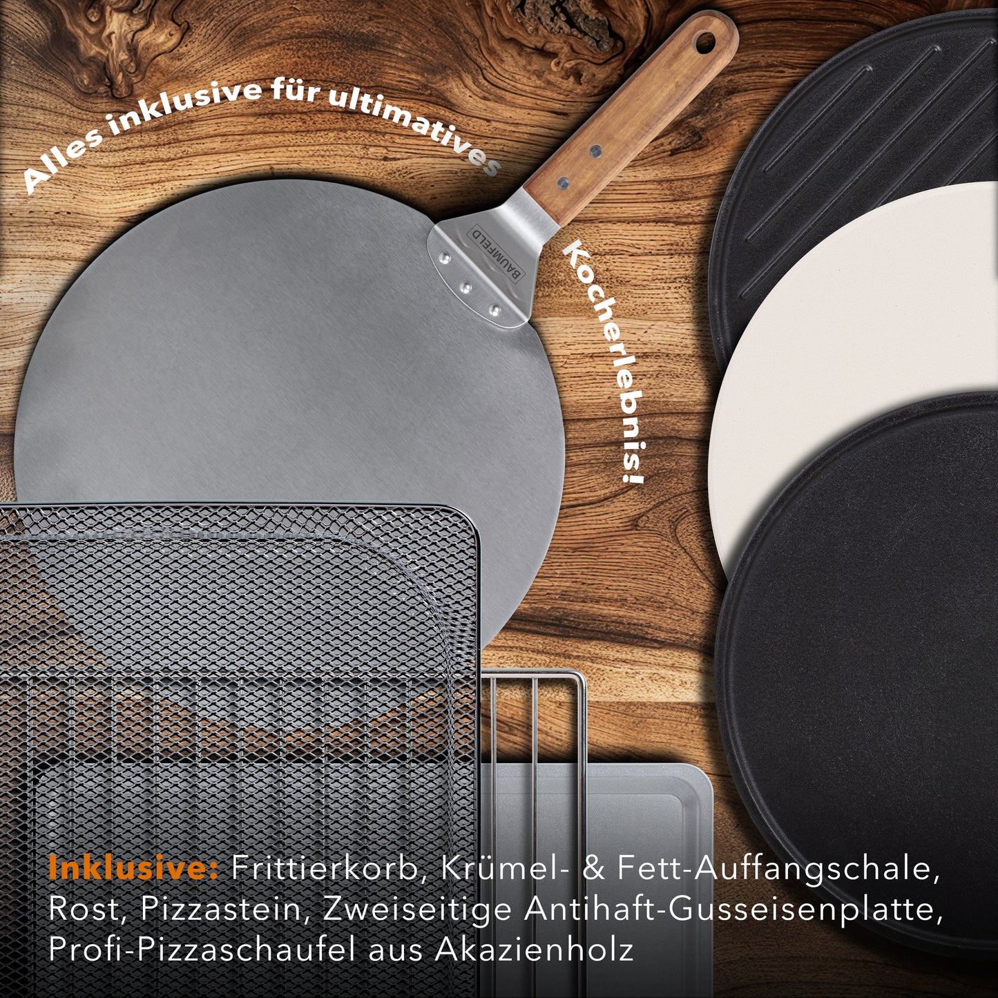 Baumfeld Pizzaofen Black mit 8-teiligem Steak- und Pizzabesteck – Dein perfektes Set für Pizza- und Steakgenuss zu Hause