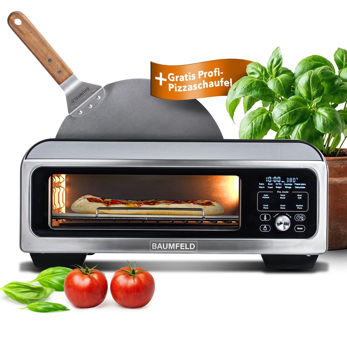 BAUMFELD PizzaAirfryer400 silver – 12-in-1-Multifunktionsofen, Pizzaofen