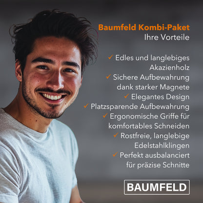 Baumfeld Bundle: 6-teiliges Messerblock-Set und 2-teiliges Tranchierbesteck, Silber, Edelstahlmesser mit Akazienholzgriffen