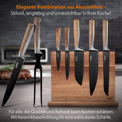 Baumfeld Bundle: 6-teiliges Messerblock-Set und 2-teiliges Tranchierbesteck, Schwarz, Edelstahlmesser mit Keramikbeschichtung und Akazienholzgriffen