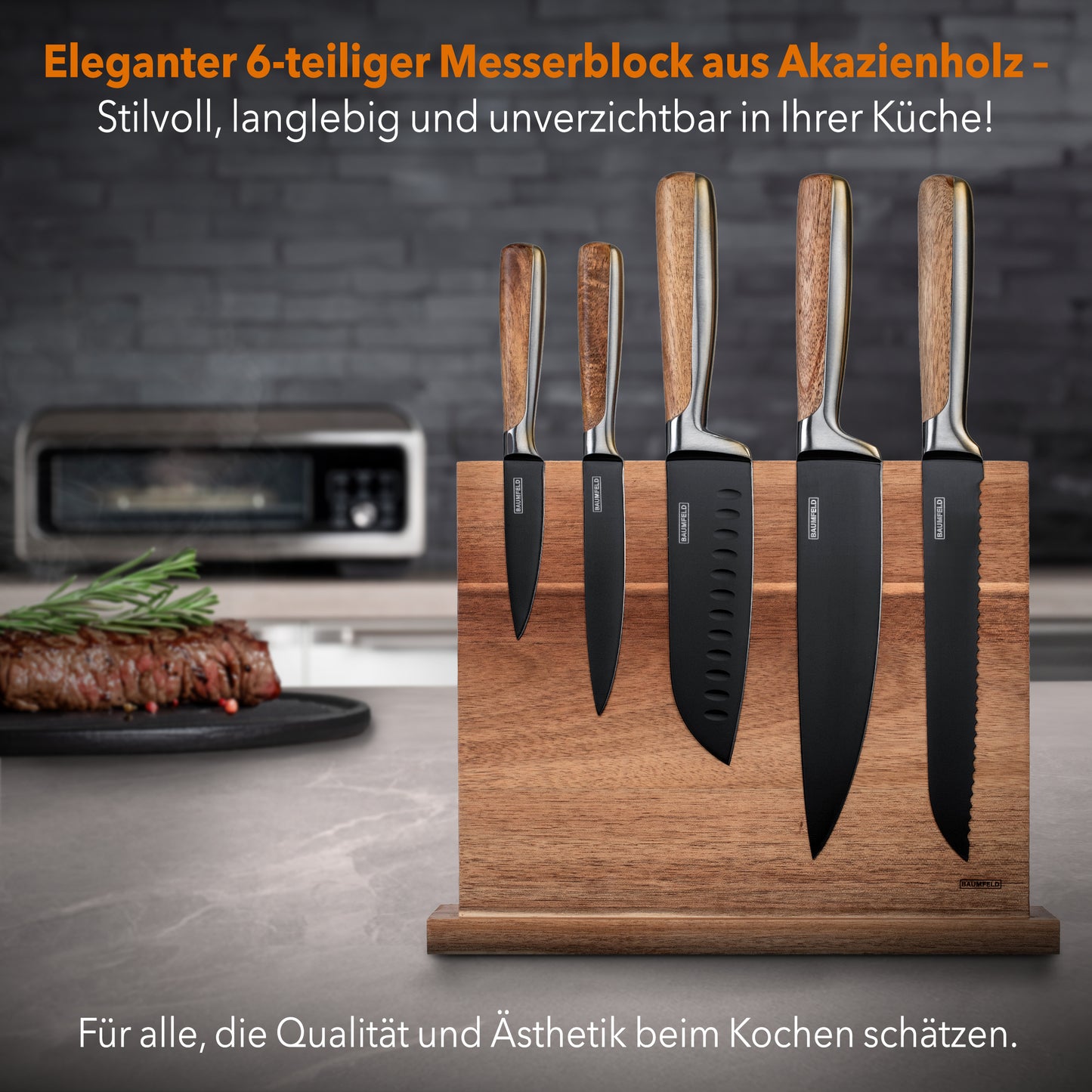 Messerblock 6-teilig schwarz, Akazienholz, magnetisch