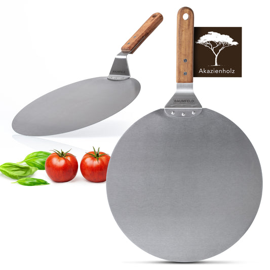 Baumfeld Pizzaschieber Pizzaschaufel, rund, 30 cm Durchmesser, hochwertig aus robustem Edelstahl, stabiler Griff aus natürlichem Akazienholz, Brotschieber, Pizza Zubehör