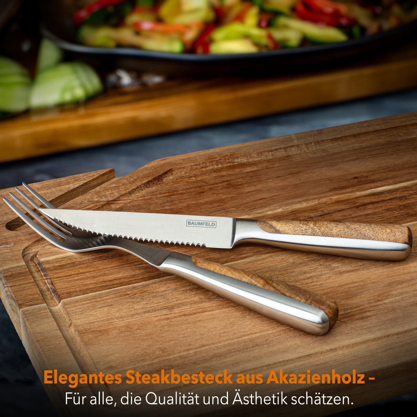 Baumfeld Steakbesteck-Set für 4 Personen | Edelstahl & Akazienholz | Zeitloses Design