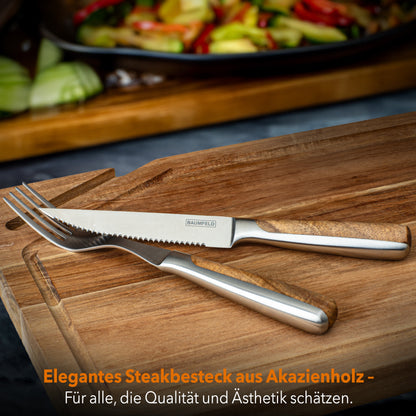 Baumfeld Steakbesteck-Set für 4 Personen | Edelstahl & Akazienholz | Zeitloses Design