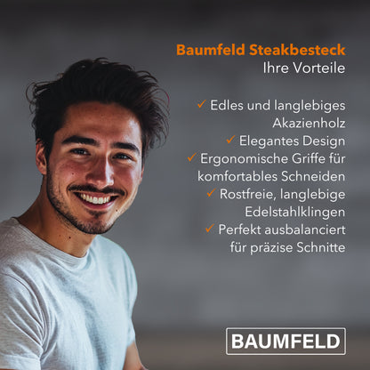 Baumfeld Steakbesteck-Set für 4 Personen | Edelstahl & Akazienholz | Zeitloses Design