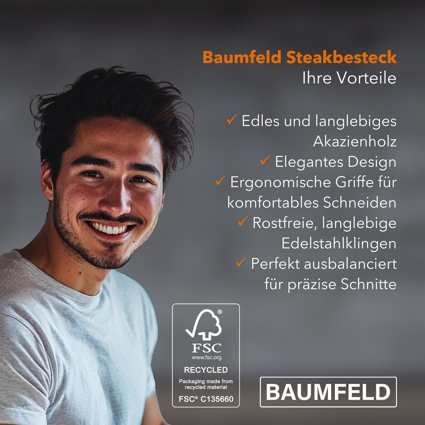 Baumfeld Steak- und Pizzamesser für 4 Personen – 8-teilig, Laguiole-Stil, Edelstahl & Akazienholz