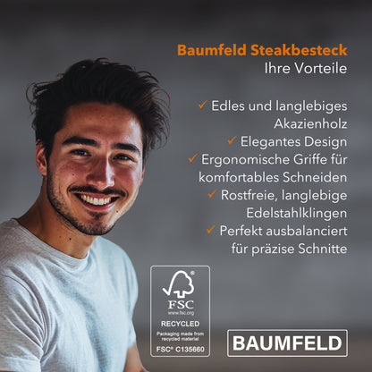 Baumfeld Steak- und Pizzamesser für 4 Personen – 8-teilig, Laguiole-Stil, Edelstahl & Akazienholz