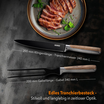 Tranchierbesteck-Set in Aktion – Baumfeld Messer und Gabel schneiden präzise ein saftiges Steak