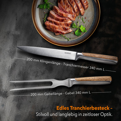 Tranchierbesteck-Set in Aktion – Baumfeld Messer und Gabel schneiden präzise ein saftiges Steak