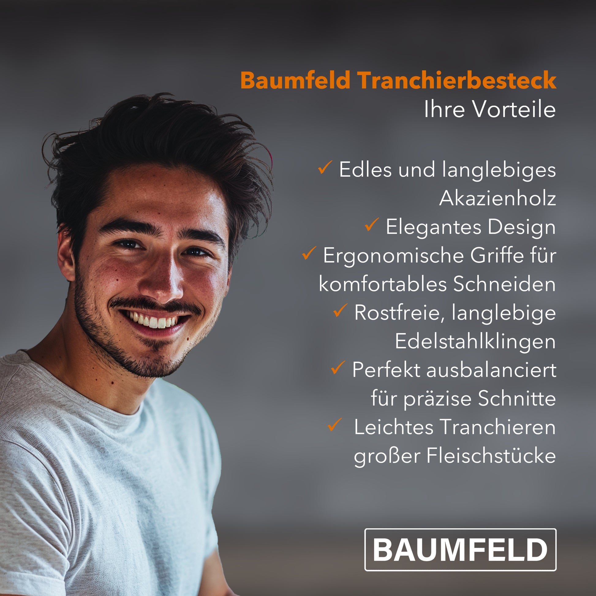 Zufriedener Kunde mit Baumfeld Tranchierbesteck, perfektes Set für präzises Schneiden von Fleisch