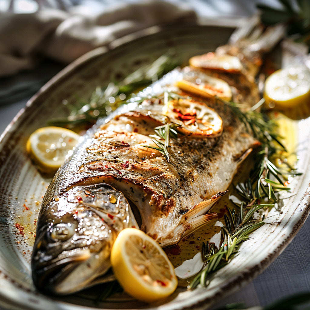 Gebratener Fisch mit Zitronenscheiben und Rosmarin auf Teller