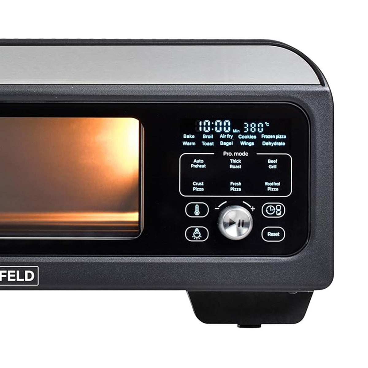 Nahaufnahme des BAUMFELD PizzaAirfryer400 Multifunktionsofens mit Bedienfeld und Fenster  