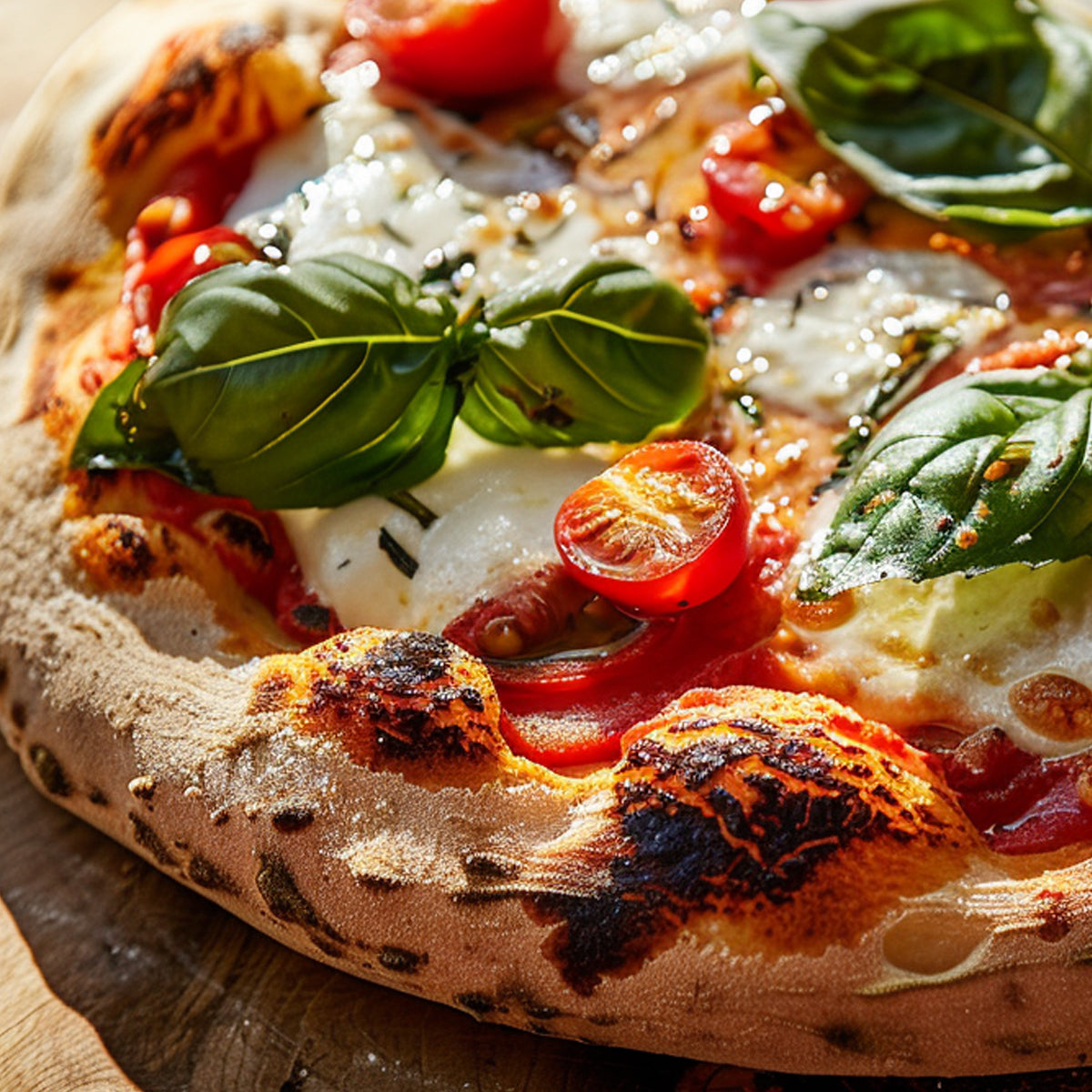 Frisch gebackene Pizza mit Mozzarella, Basilikum und Kirschtomaten auf Pizzaschaufel  